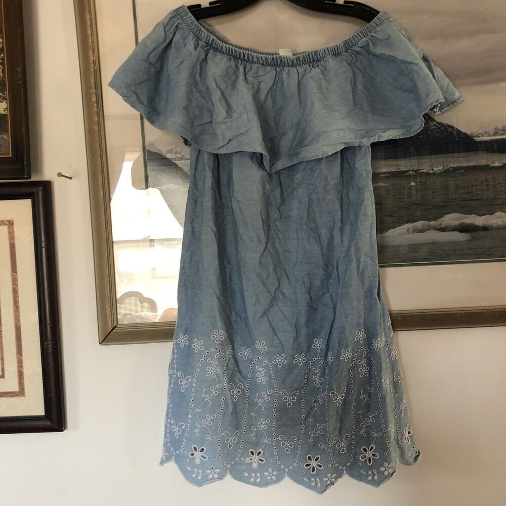 Old Navy Chambray Off The Shoulder Blue Eyelet Floral Dress Sz S A3031